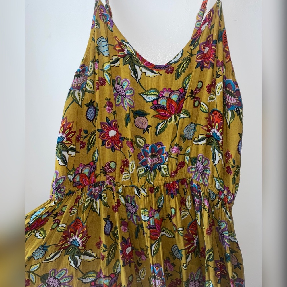 NWOT World Market Maxi Dress L/XL - Mustard Yellow - Multi Color Floral Pattern